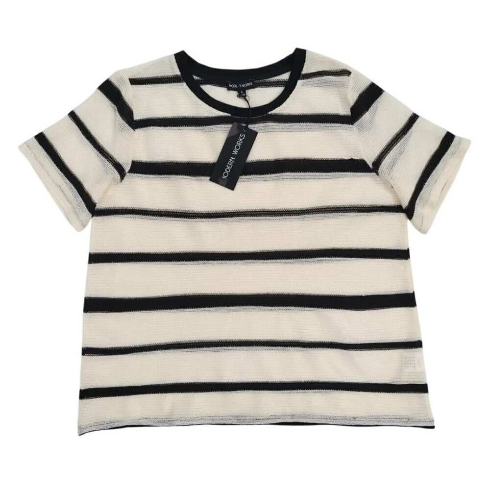 Modern Works Womens Striped Knit Short Sleeve Top Black & Cream Size L. NWT